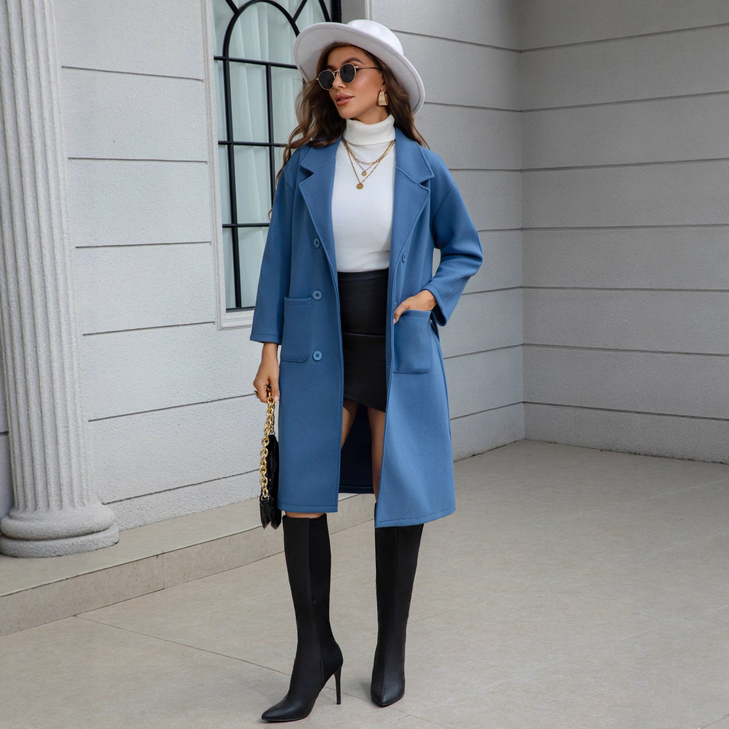 Manteau en laine mi-long bleu - à nouer à la taille