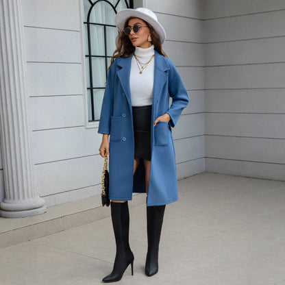 Manteau en laine mi-long bleu - à nouer à la taille