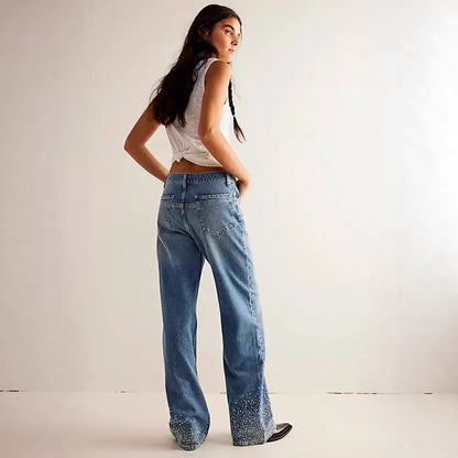 Jean droit extensible à la mode avec strass