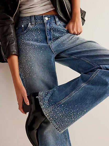 Jean droit extensible à la mode avec strass