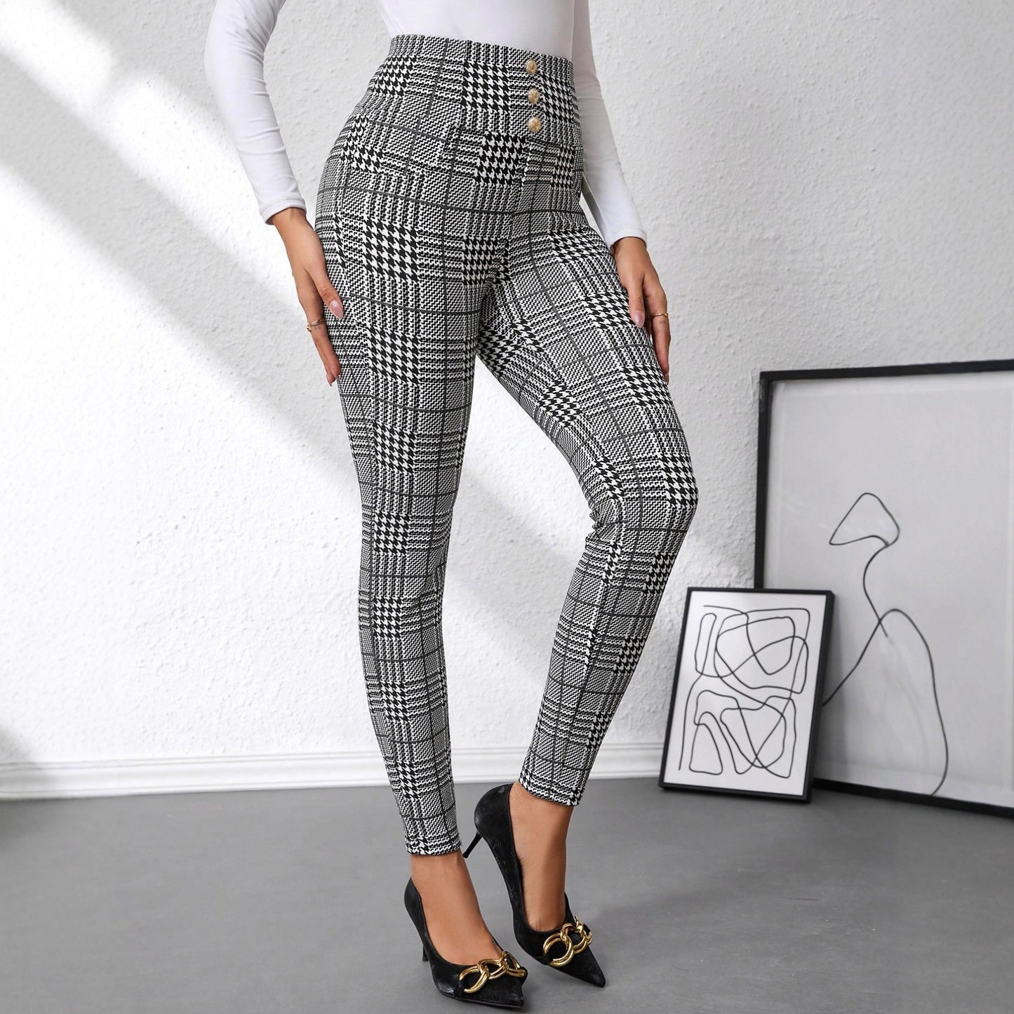 Pantalon taille haute - imprimé à carreaux