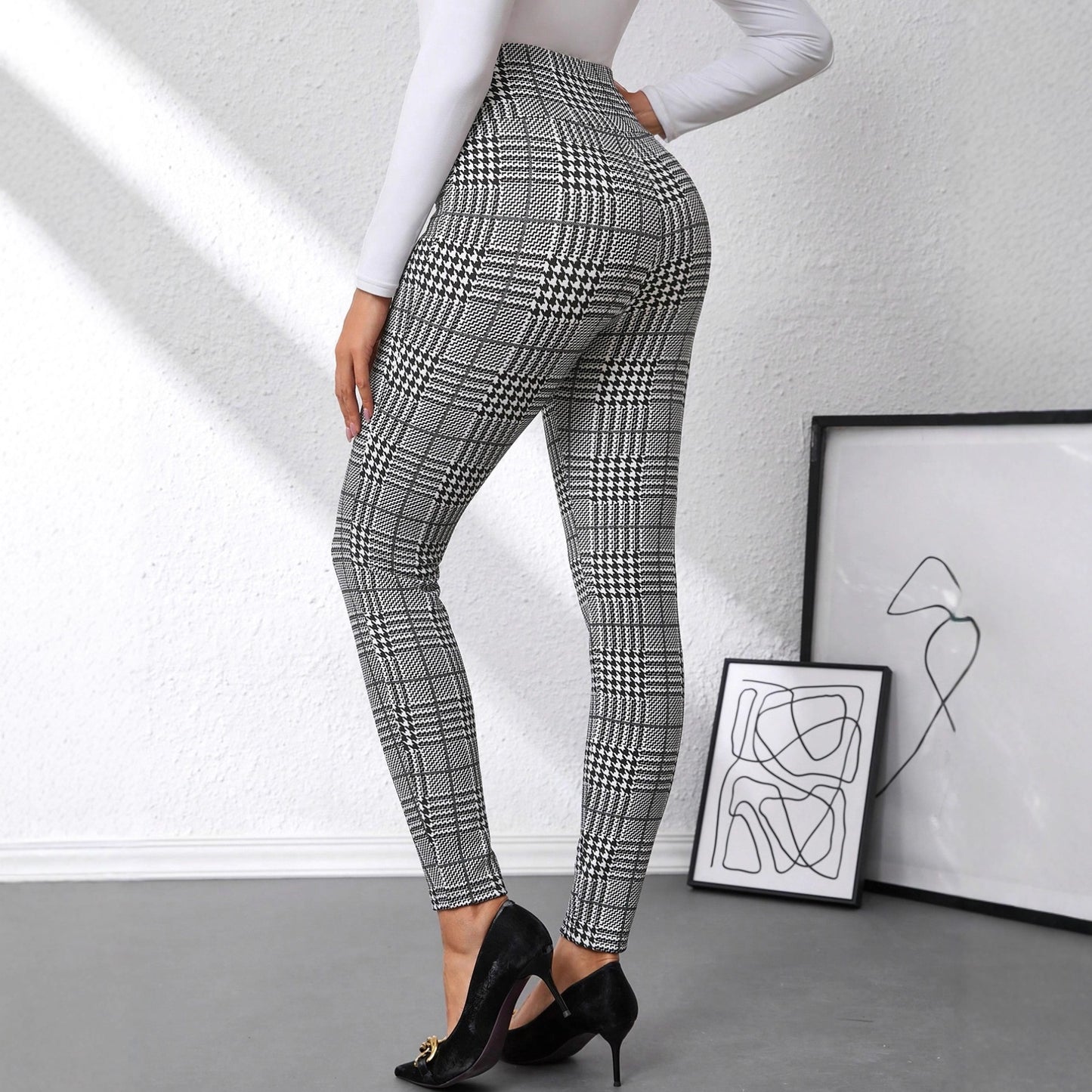 Pantalon taille haute - imprimé à carreaux