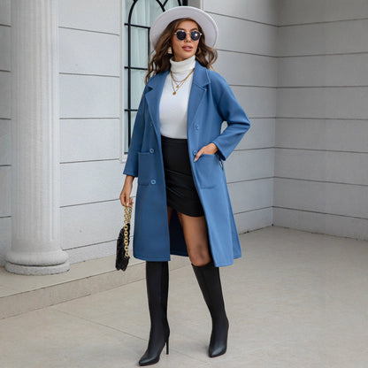 Manteau en laine mi-long bleu - à nouer à la taille