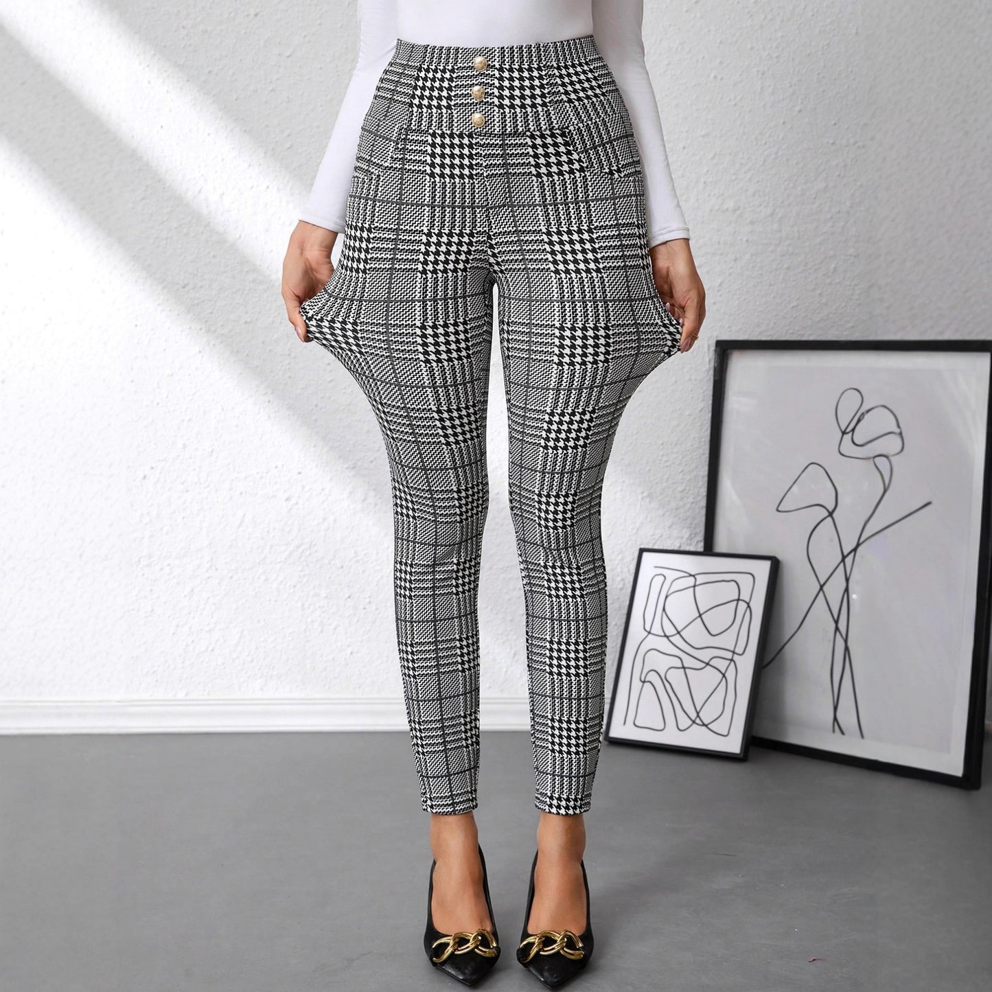 Pantalon taille haute - imprimé à carreaux